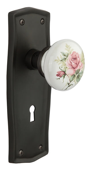 Nostalgic Warehouse Prairie Plate with White/Rose Porcelain Knob - Oil Rubbed Bronze