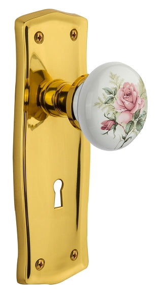 Nostalgic Warehouse Prairie Plate with White/Rose Porcelain Knob Mortise Lock - Polished Brass