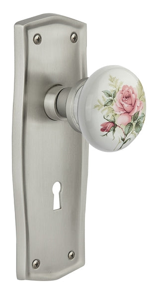 Nostalgic Warehouse Prairie Plate with White/Rose Porcelain Knob Mortise Lock - Satin Nickel