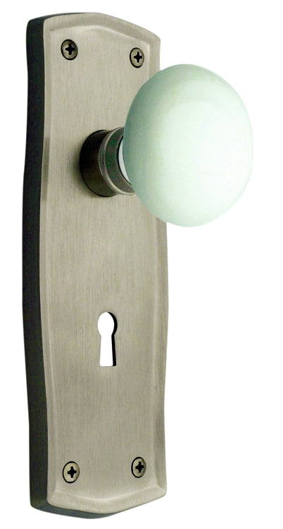 Nostalgic Warehouse Prairie Plate with White Porcelain Knob - Satin Nickel