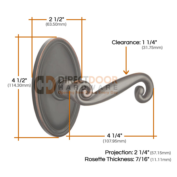 Emtek Rustic Lever with Oval Rosette Measurements