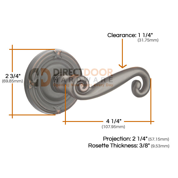 Emtek Rustic Lever with Ribbon and Reed Rosette Measurements