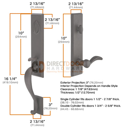 Emtek Rectangular Monolithic Handleset Measurements