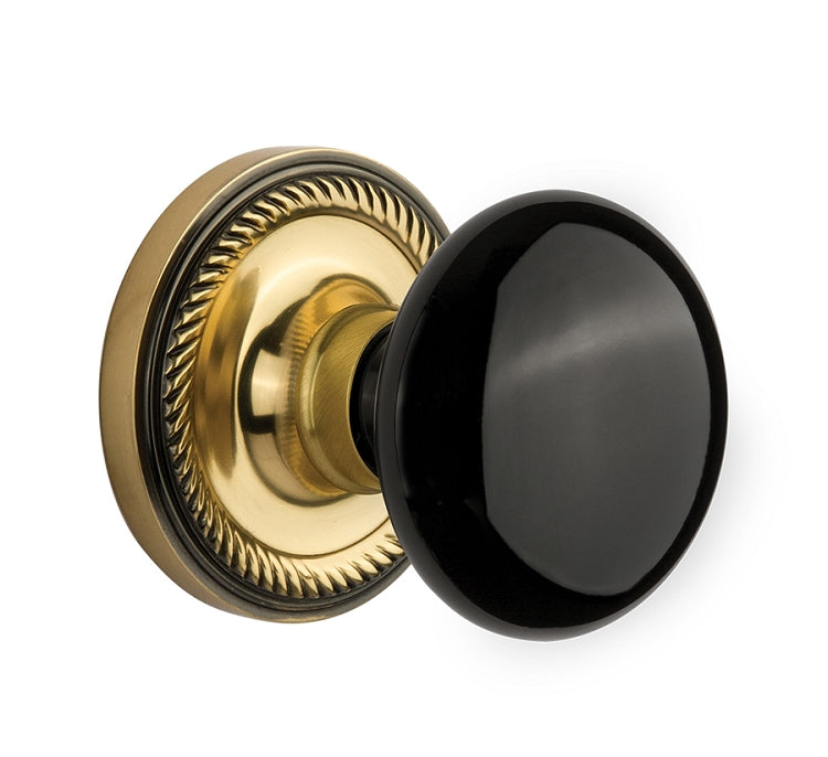 Nostalgic Warehouse Immortise Rope Rosette with Black Porcelain Knob - Antique Brass