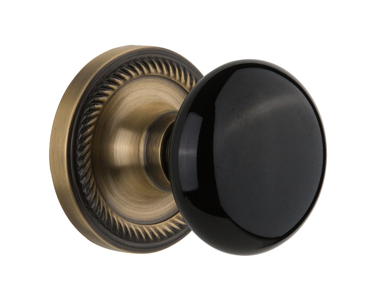 Nostalgic Warehouse Rope Rosette with Black Porcelain Knob - Antique Brass