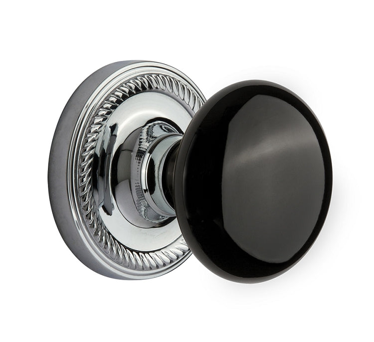 Nostalgic Warehouse Immortise Rope Rosette with Black Porcelain Knob - Bright Chrome