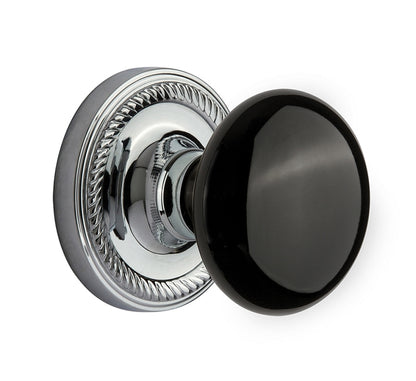 Nostalgic Warehouse Immortise Rope Rosette with Black Porcelain Knob - Bright Chrome