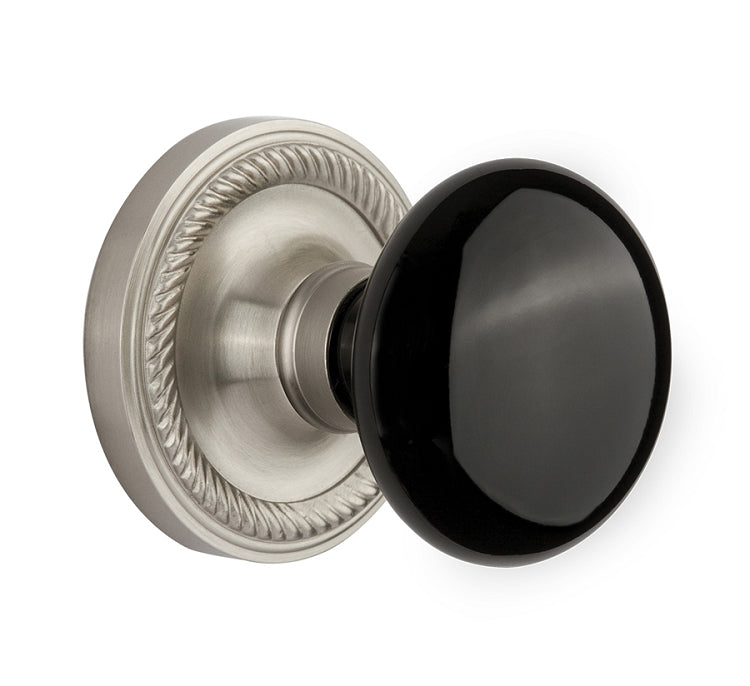 Nostalgic Warehouse Immortise Rope Rosette with Black Porcelain Knob - Satin Nickel