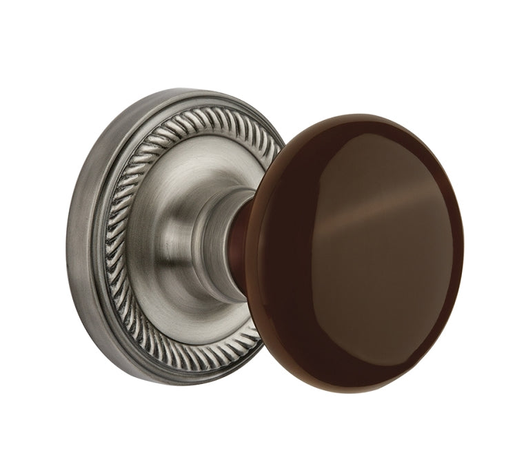 Nostalgic Warehouse Rope Rosette with Brown Porcelain Knob - Antique Pewter