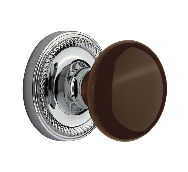 Nostalgic Warehouse Rope Rosette with Brown Porcelain Knob - Bright Chrome
