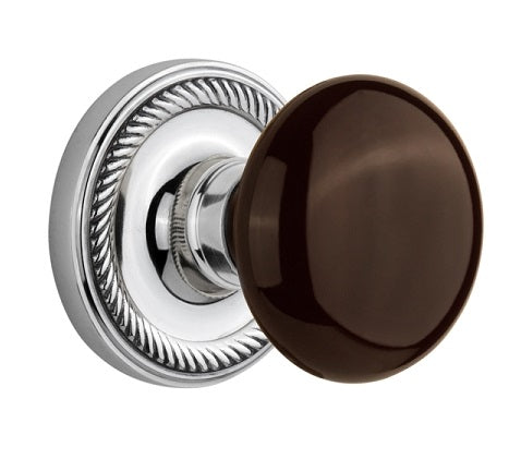 Nostalgic Warehouse Brown Porcelain Knob with Rope Rosette ( All Mortise Come W/ Keyhole )-Antique Pewter