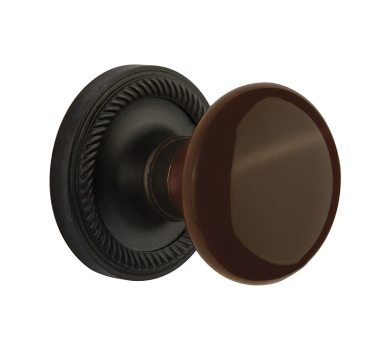 Nostalgic Warehouse Immortise Rope Rosette with Brown Porcelain Knob - Oil Rubbed Bronze