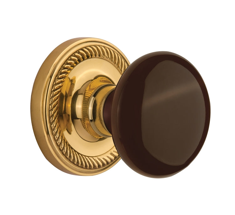 Nostalgic Warehouse Rope Rosette with Brown Porcelain Knob - Polished Brass