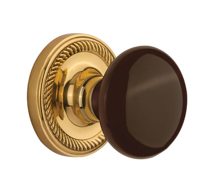 Nostalgic Warehouse Immortise Rope Rosette with Brown Porcelain Knob - Polished Brass