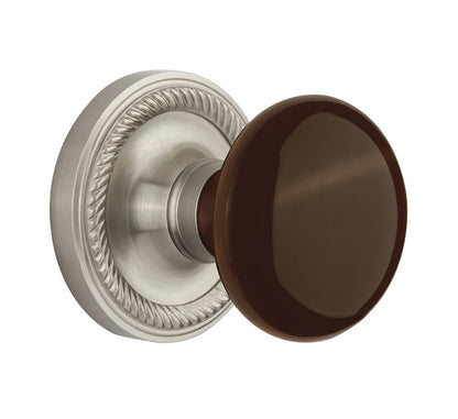 Nostalgic Warehouse Immortise Rope Rosette with Brown Porcelain Knob - Satin Nickel