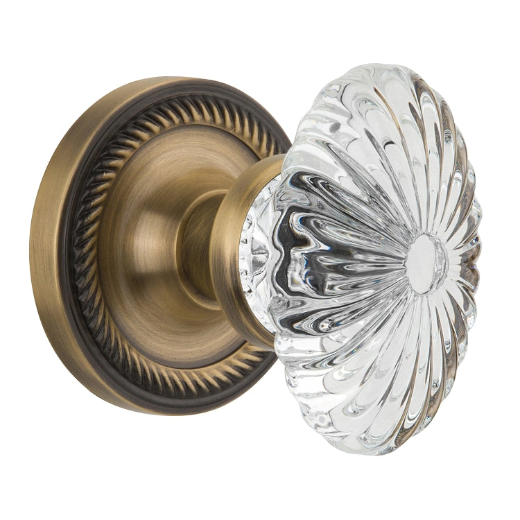 Nostalgic Warehouse Rope Rosette with Oval Fluted Crystal Knob - Antique Brass