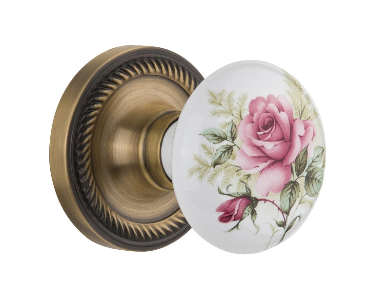 Nostalgic Warehouse Rope Rosette with White Rose Porcelain Knob - Antique Brass