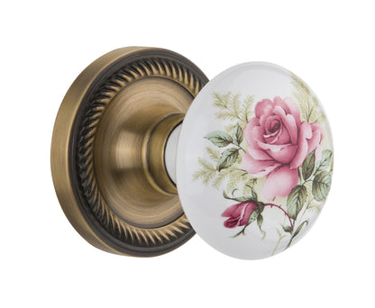 Nostalgic Warehouse Rope Rosette with White Rose Porcelain Knob - Antique Brass