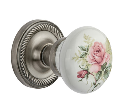 Nostalgic Warehouse Rope Rosette with White Rose Porcelain Knob - Antique Pewter
