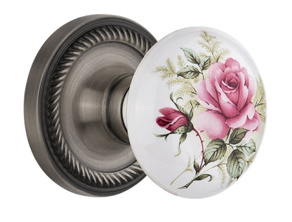 Nostalgic Warehouse Rope Rosette with Rose Porcelain Knob - Antique Pewter ( All Mortise Come W/ Keyhole )