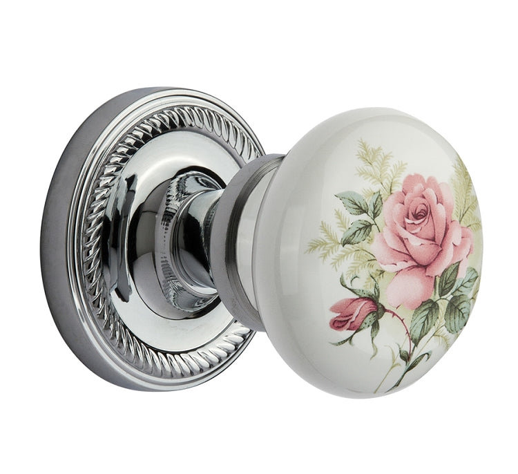 Nostalgic Warehouse Rope Rosette with White Rose Porcelain Knob - Bright Chrome