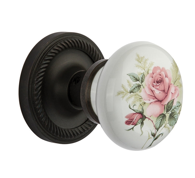Nostalgic Warehouse Rope Rosette with White Rose Porcelain Knob-Oil Rubbed Bronze