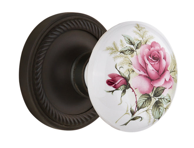 Nostalgic Warehouse Rope Rosette with Rose Porcelain Knob  - Oil Rubbed Bronze ( All Mortise Come W/ Keyhole )