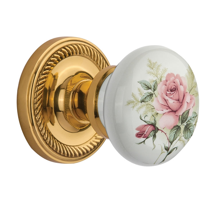 Nostalgic Warehouse Rope Rosette with White Rose Porcelain Knob - Polished Brass