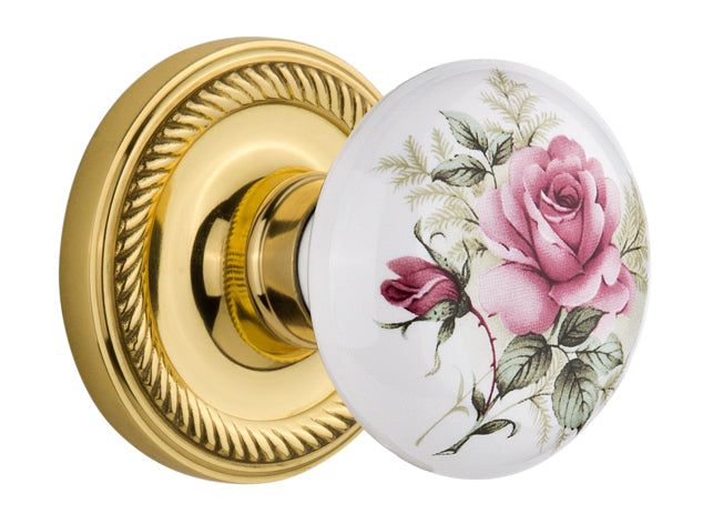 Nostalgic Warehouse Rope Rosette with Rose Porcelain Knob - Polished Brass ( All Mortise Come W/ Keyhole )