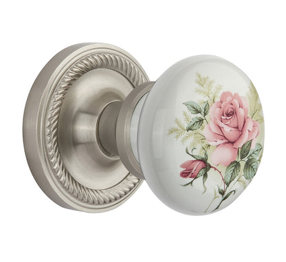 Nostalgic Warehouse Rope Rosette with White Rose Porcelain Knob - Satin Nickel