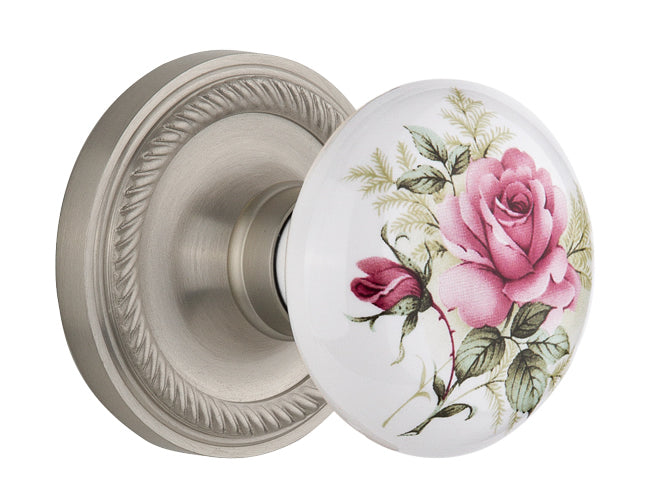 Nostalgic Warehouse Rope Rosette with Rose Porcelain Knob - Satin Nickel ( All Mortise Come W/ Keyhole )