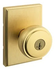 Kwikset Keyed Entry Sora Door Knob with Traditional Rectangular Rosette - Satin Brass