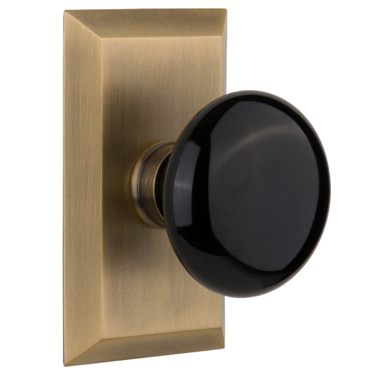 Nostalgic Warehouse Studio Plate with Black Porcelain Knob - Antique brass