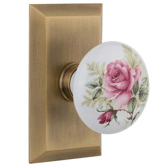 Nostalgic Warehouse Studio Plate with White/Rose Porcelain Knob - Antique brass