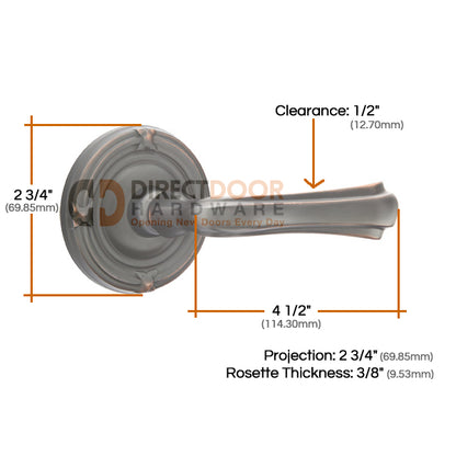 Emtek Wembley Lever with Ribbon and Reed Rosette Measurements